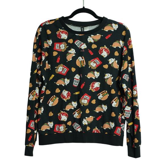 Divided Sweaters - Womens Crew Neck Sweater - Cat Fries Taco Graphic Print - Black - Size Medium